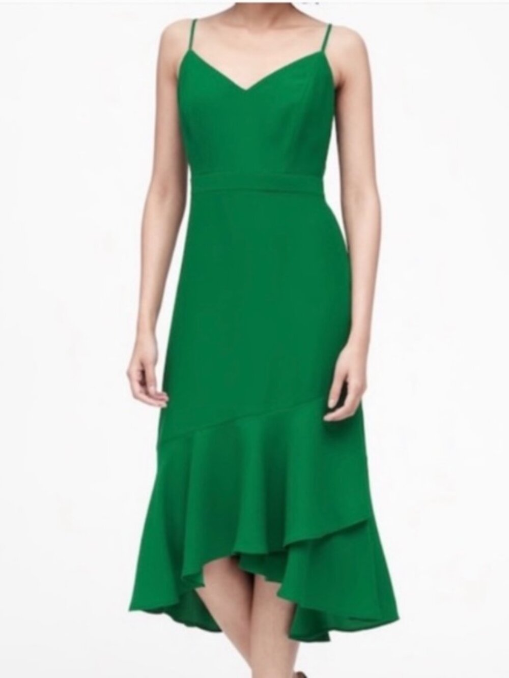 NWT Banana Republic Kelly Green Midi Strappy V Neck Ruffle High Low Hem size 6